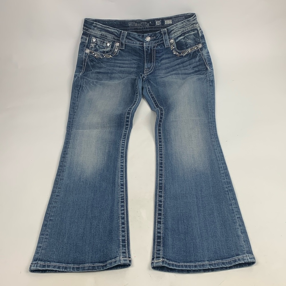 Miss Me Jeans Mid Rise Easy Bootcut Size 28 Medium wash denim Embroidered